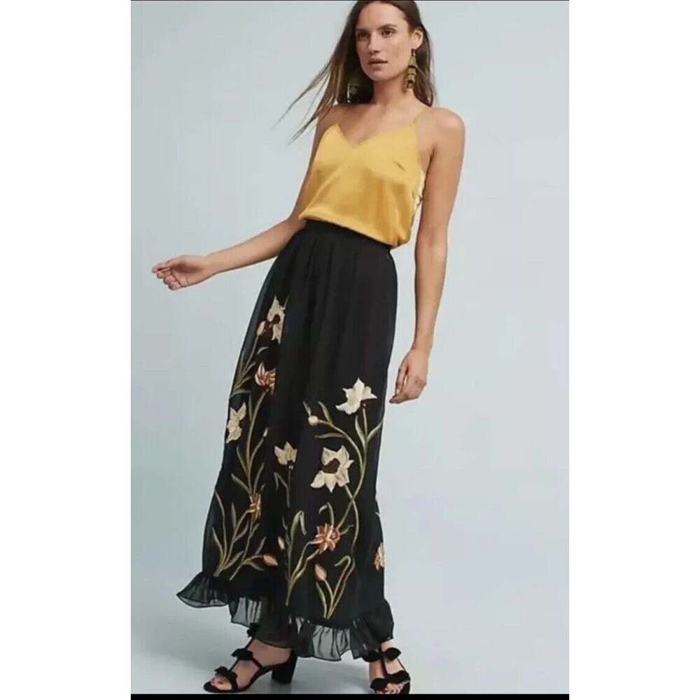 Anthropologie Varun Bahl Ruffle Floral Embroidered Black Maxi Skirt Size 2P